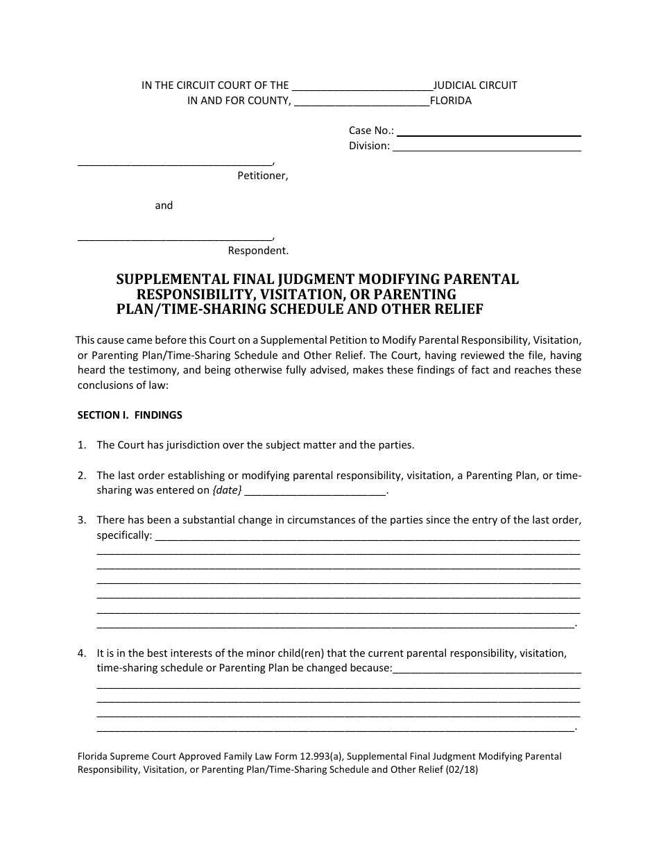 Form 12.993(A) Supplemental Final Judgment Modifying Parental Responsibility, Visitation, or Parenting Plan / Time-Sharing Schedule and Other Relief - Florida, Page 1
