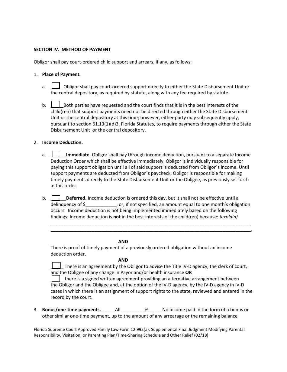 Form 12.993(A) Supplemental Final Judgment Modifying Parental Responsibility, Visitation, or Parenting Plan / Time-Sharing Schedule and Other Relief - Florida, Page 5