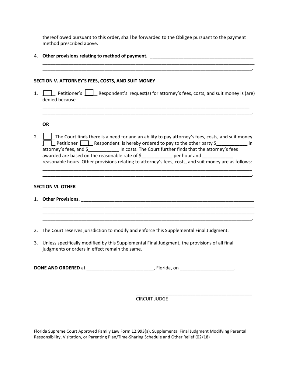 Form 12.993(A) Supplemental Final Judgment Modifying Parental Responsibility, Visitation, or Parenting Plan / Time-Sharing Schedule and Other Relief - Florida, Page 6