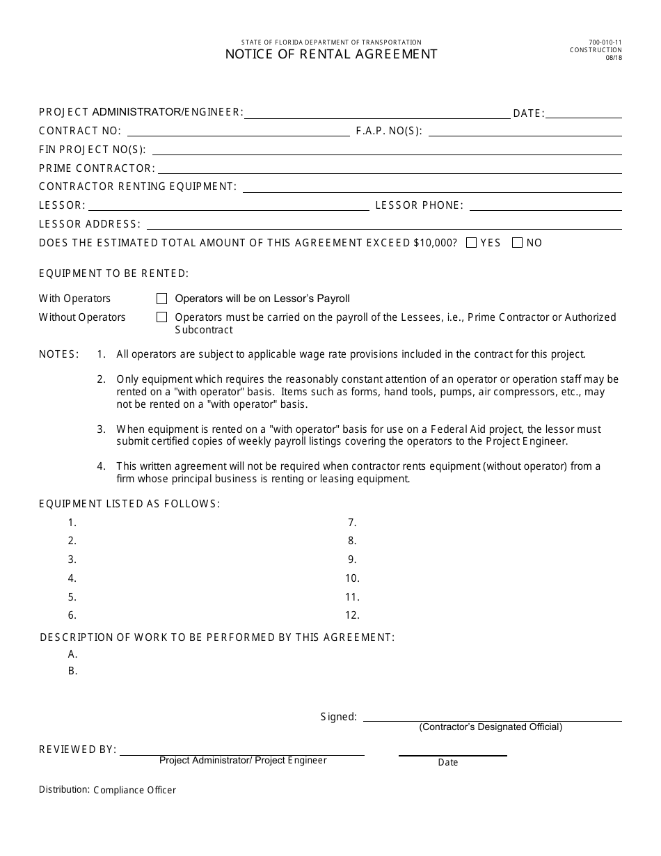 Form 700-010-11 Notice of Rental Agreement - Florida, Page 1