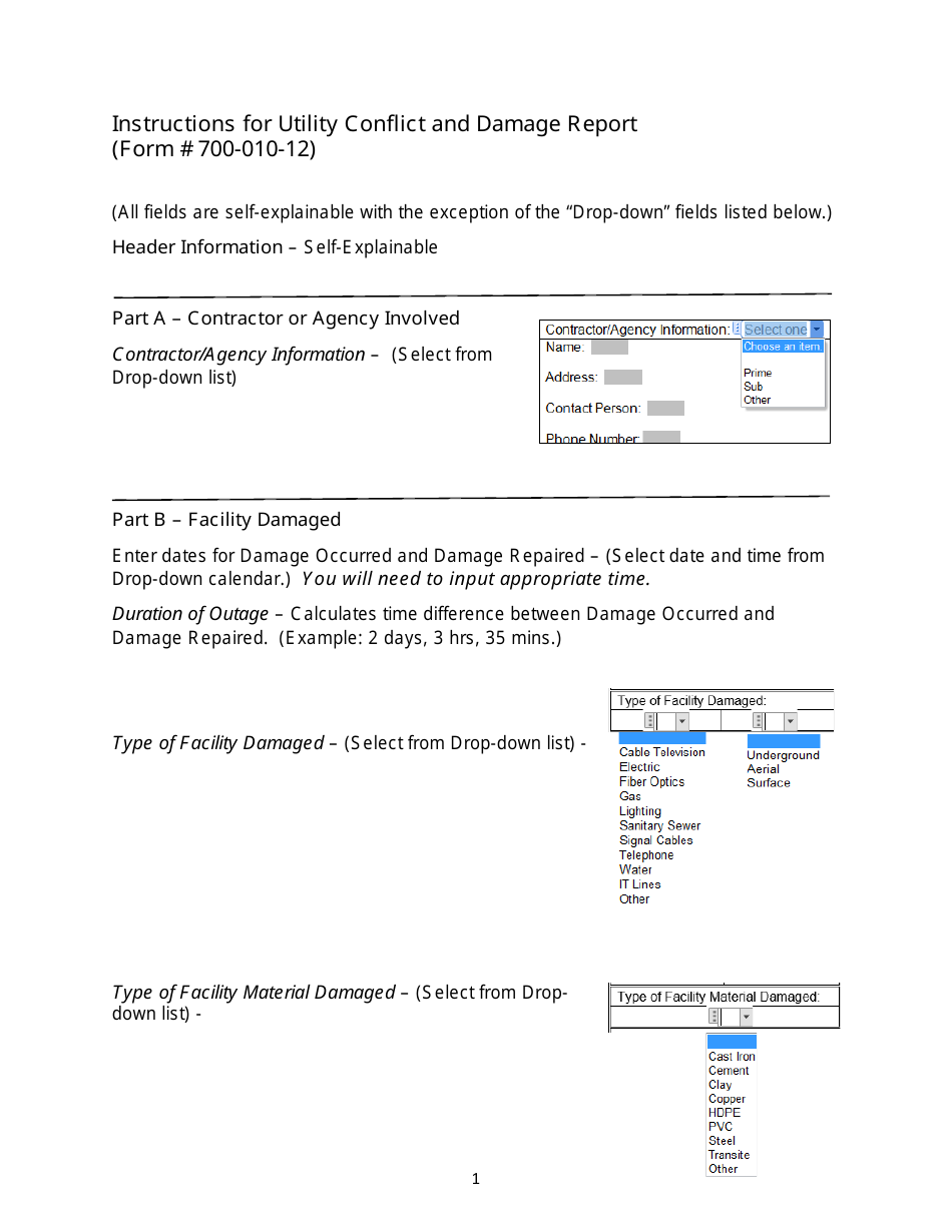 Instructions for Form 700-010-12 Utility Conflict and Damage Report - Florida, Page 1
