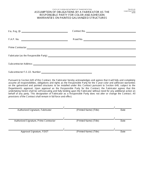 Form 700-010-20 Assumption of Obligations by a Fabricator as the Responsible Party for Color and Adhesion Warranties on Painted Galvanized Structures - Florida