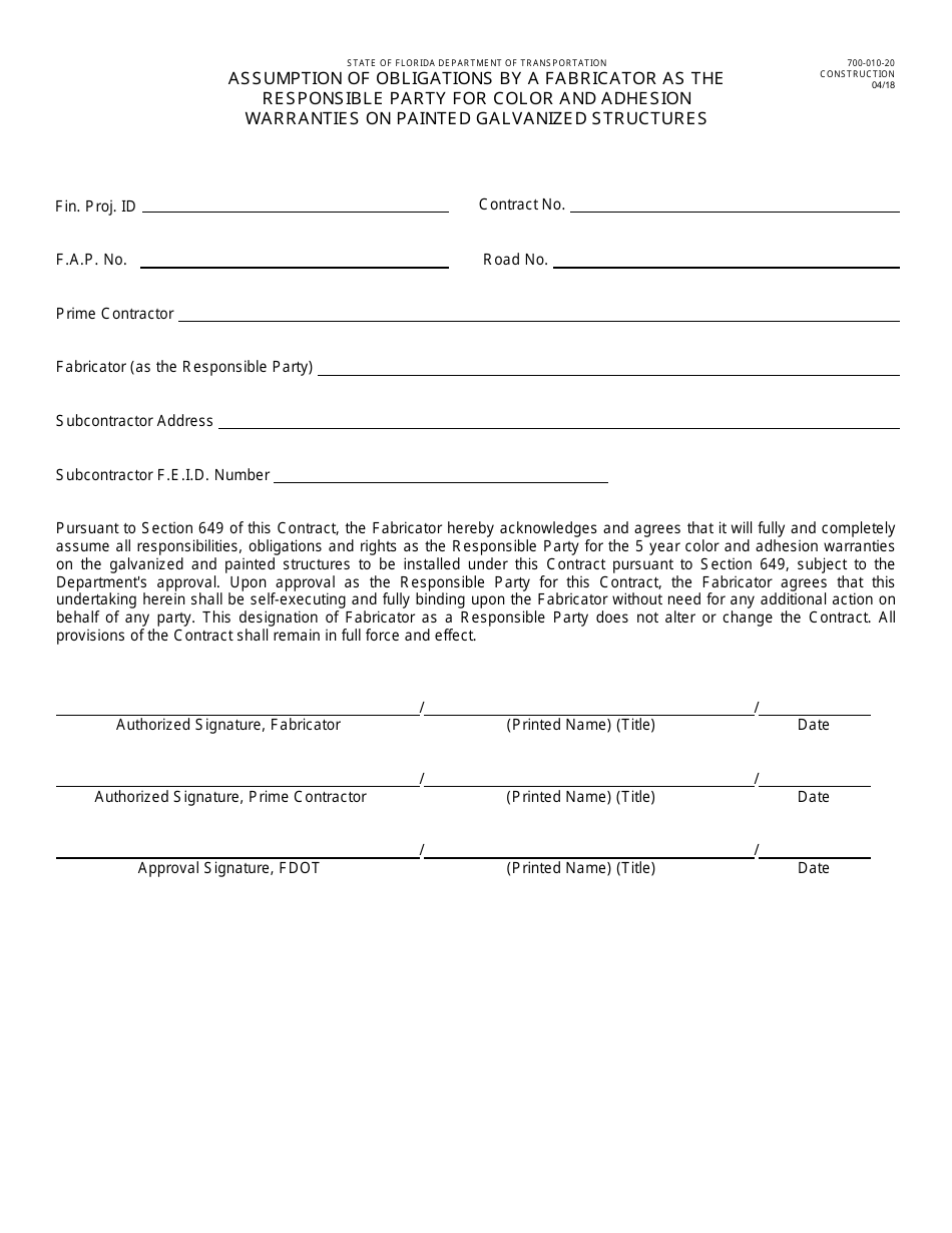 Form 700-010-20 Assumption of Obligations by a Fabricator as the Responsible Party for Color and Adhesion Warranties on Painted Galvanized Structures - Florida, Page 1