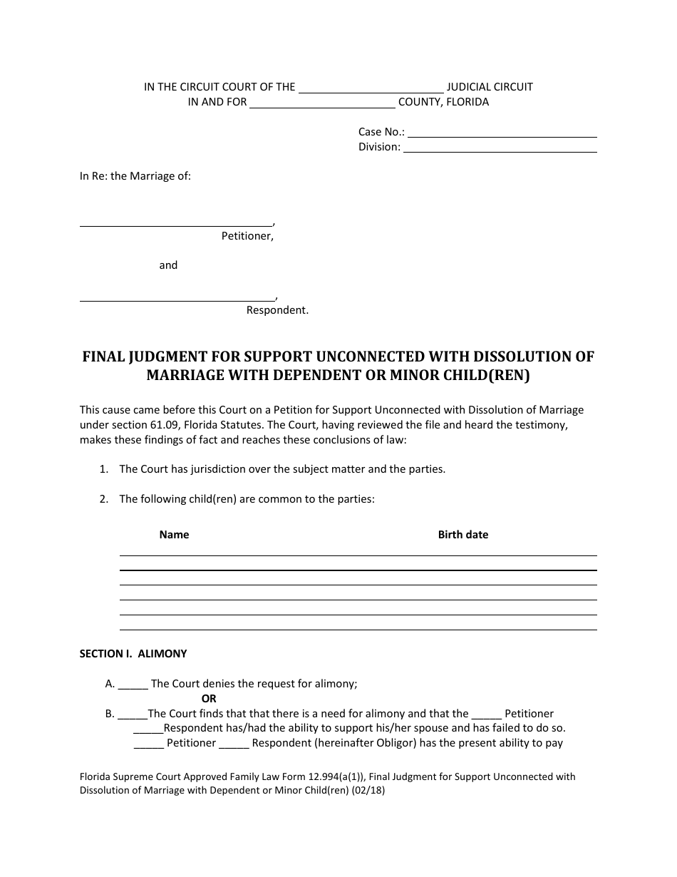 Form 12.994(A)(1) Final Judgment for Support Unconnected With Dissolution of Marriage With Dependent or Minor Child(Ren) - Florida, Page 1