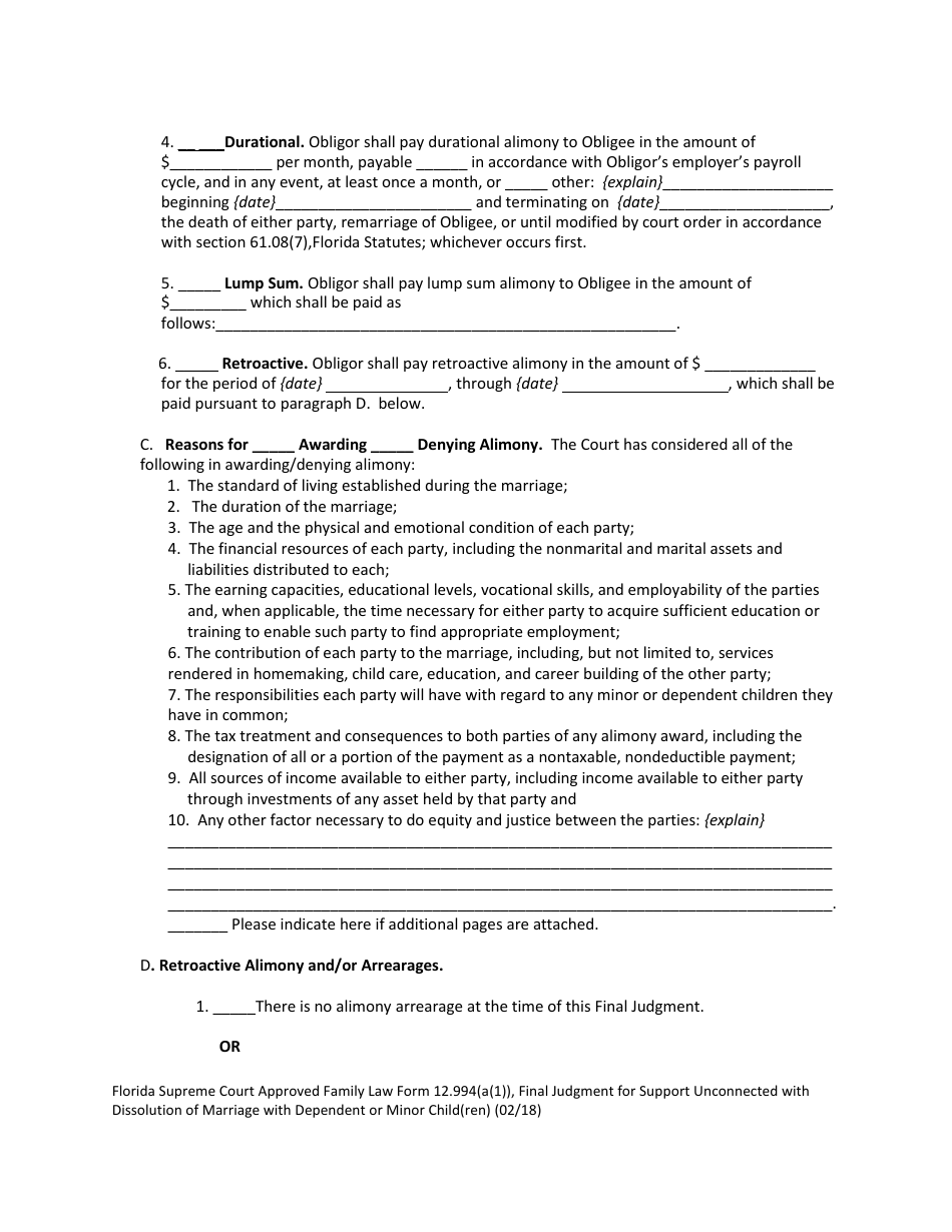 Form 12.994(A)(1) Final Judgment for Support Unconnected With Dissolution of Marriage With Dependent or Minor Child(Ren) - Florida, Page 3