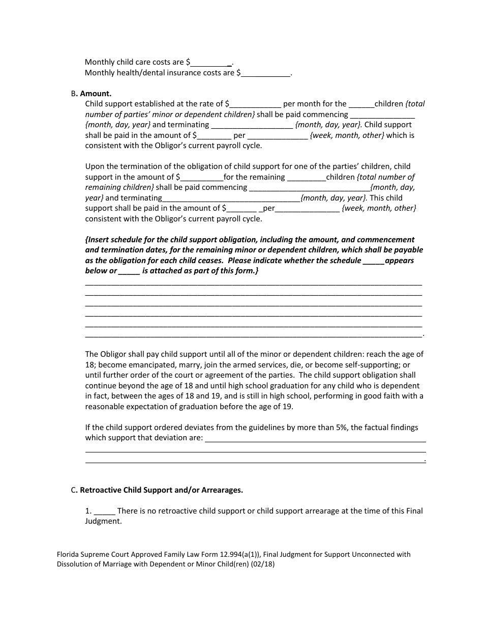 Form 12.994(A)(1) Final Judgment for Support Unconnected With Dissolution of Marriage With Dependent or Minor Child(Ren) - Florida, Page 5