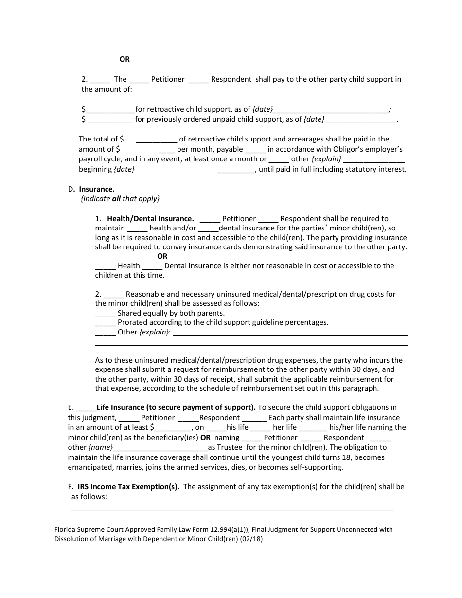Form 12.994(A)(1) Final Judgment for Support Unconnected With Dissolution of Marriage With Dependent or Minor Child(Ren) - Florida, Page 6