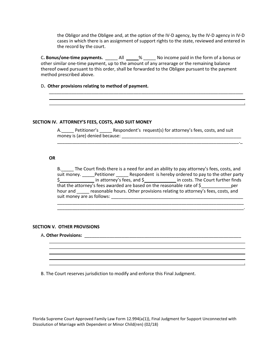 Form 12.994(A)(1) Final Judgment for Support Unconnected With Dissolution of Marriage With Dependent or Minor Child(Ren) - Florida, Page 8