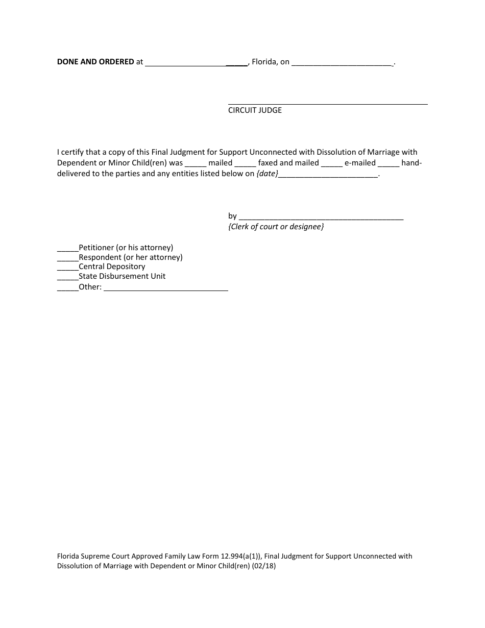 Form 12.994(A)(1) Final Judgment for Support Unconnected With Dissolution of Marriage With Dependent or Minor Child(Ren) - Florida, Page 9