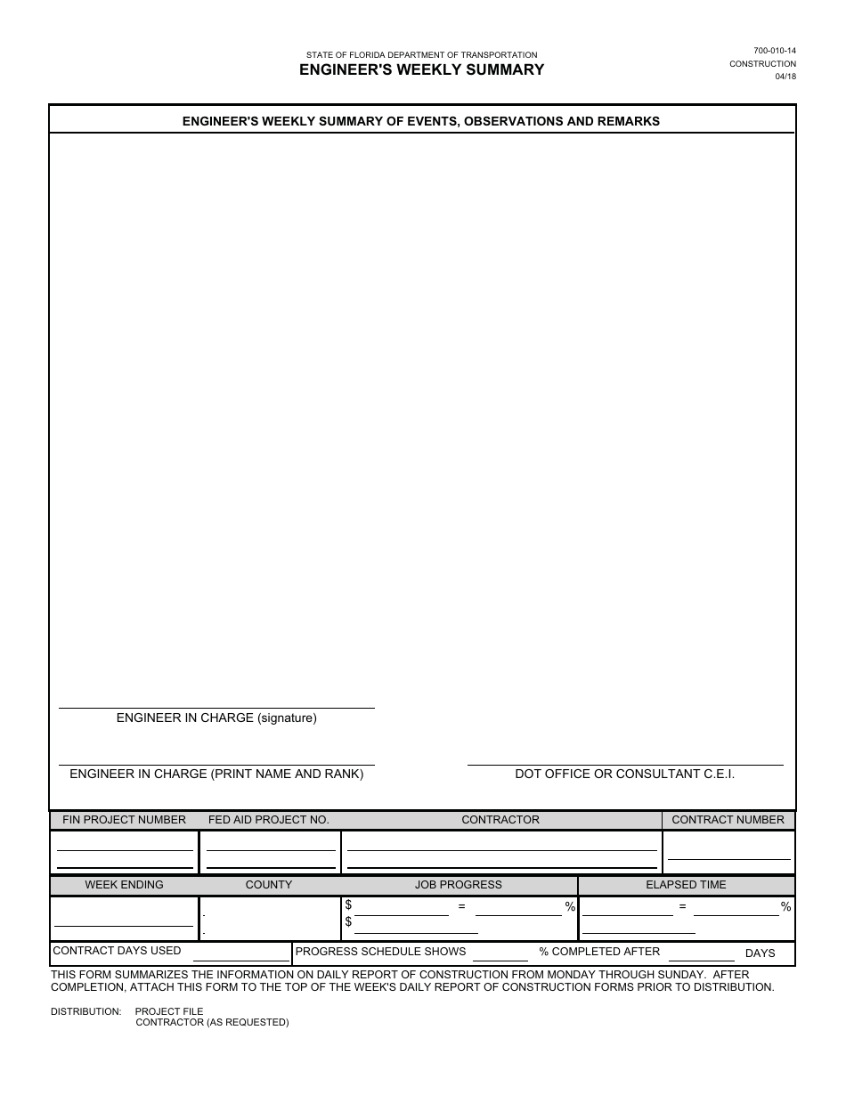 Form 700-010-14 Engineers Weekly Summary - Florida, Page 1