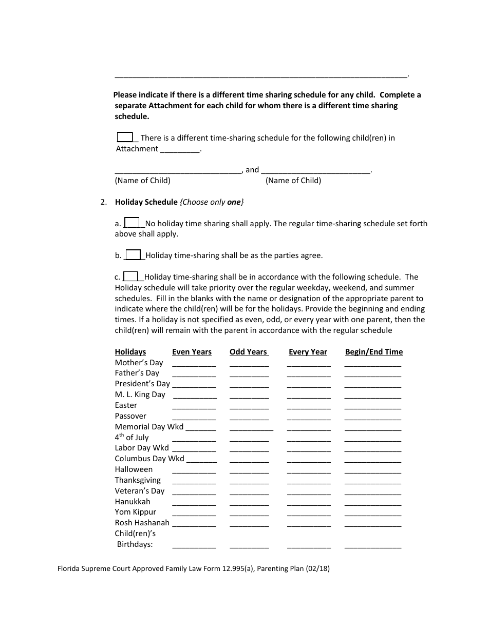 Form 12.995(A) Parenting Plan - Florida, Page 10