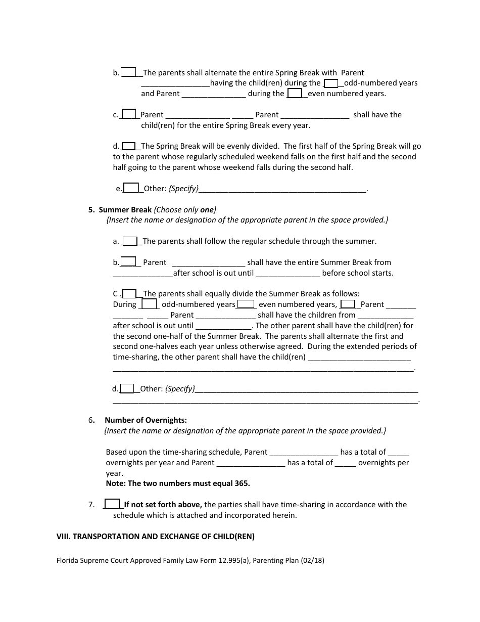 Form 12.995(A) Parenting Plan - Florida, Page 12
