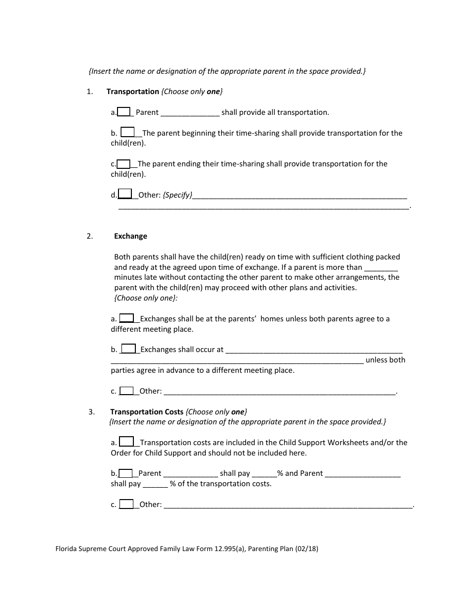 Form 12.995(A) Parenting Plan - Florida, Page 13