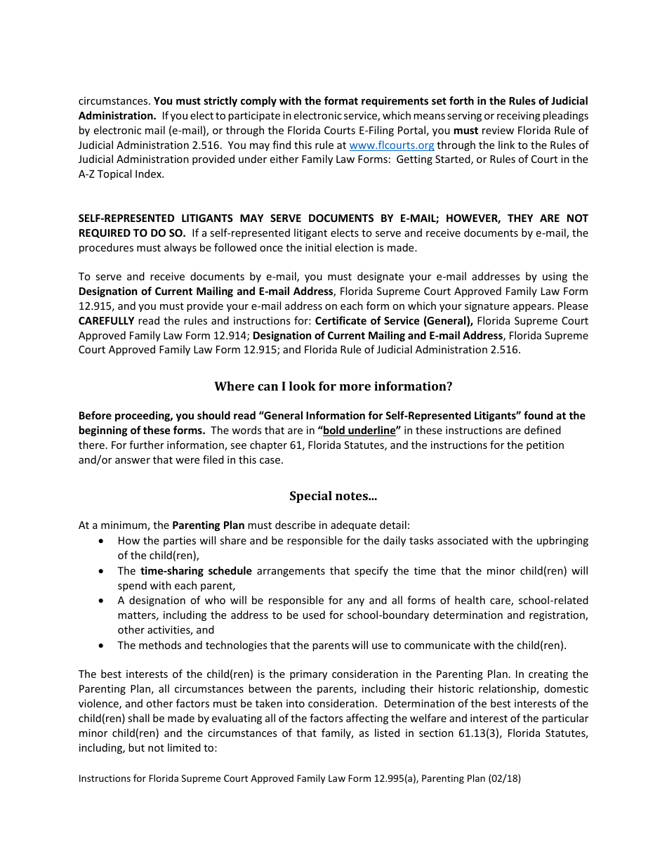 Form 12.995(A) Parenting Plan - Florida, Page 2