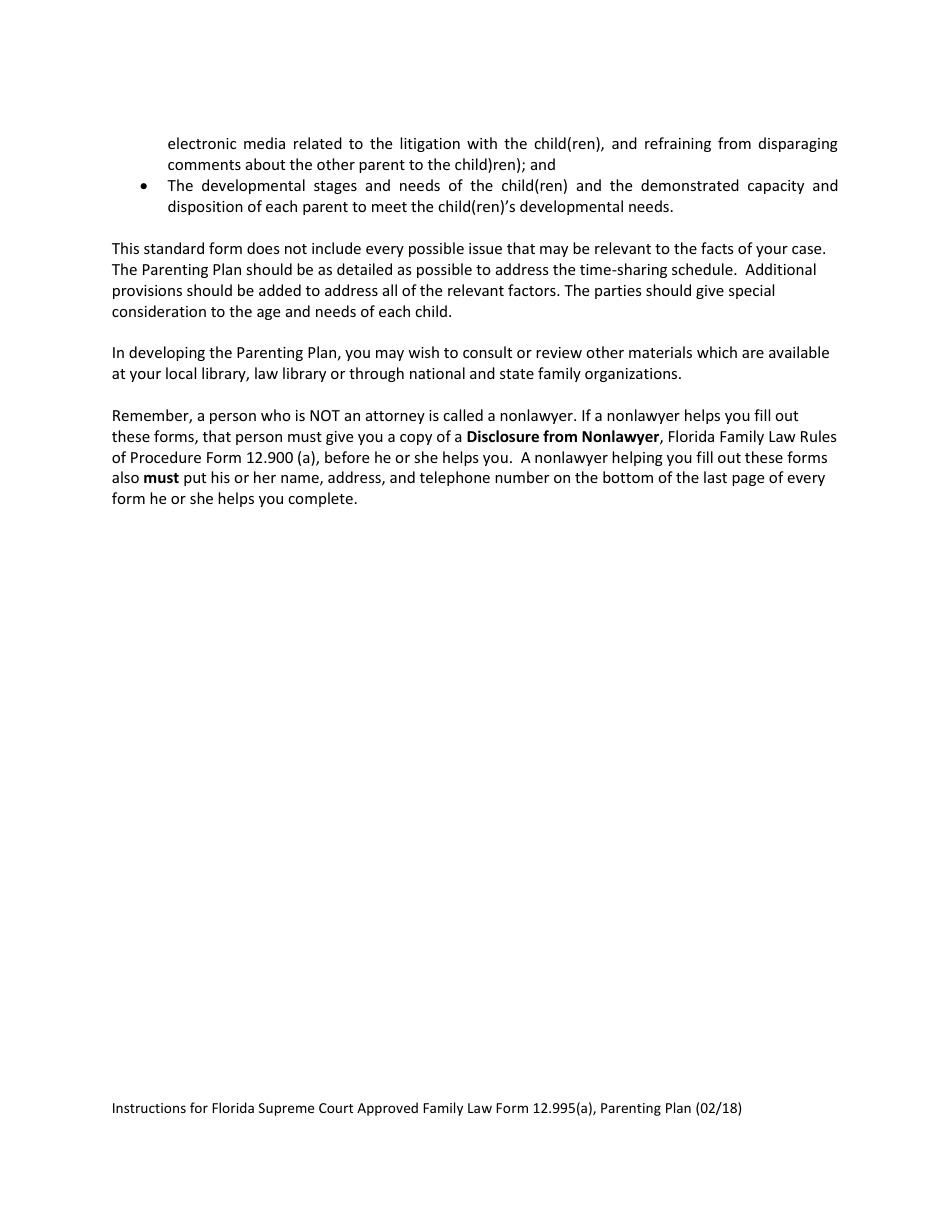 Form 12.995(A) Parenting Plan - Florida, Page 4