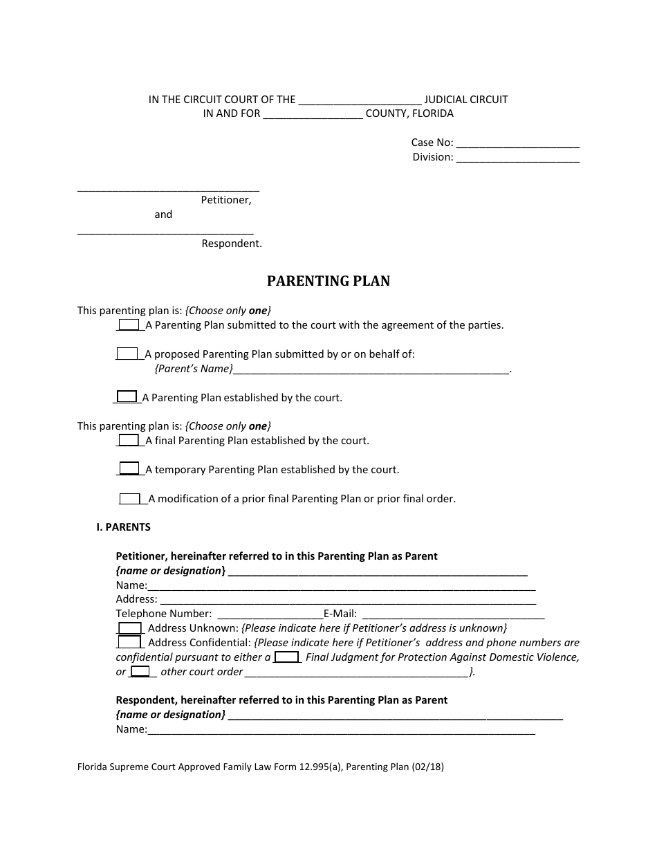 Form 12.995(A) Parenting Plan - Florida, Page 5