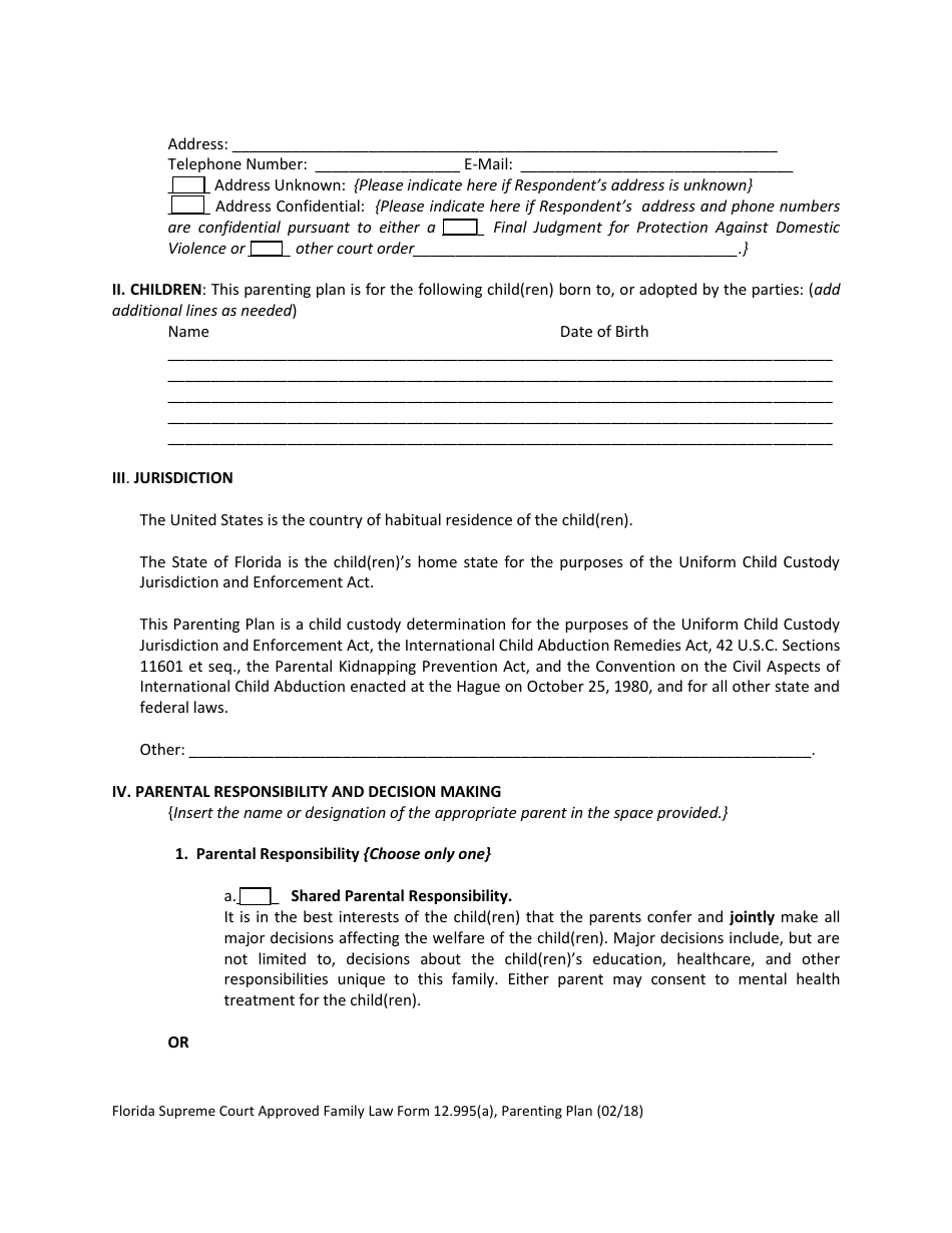 Form 12.995(A) Parenting Plan - Florida, Page 6