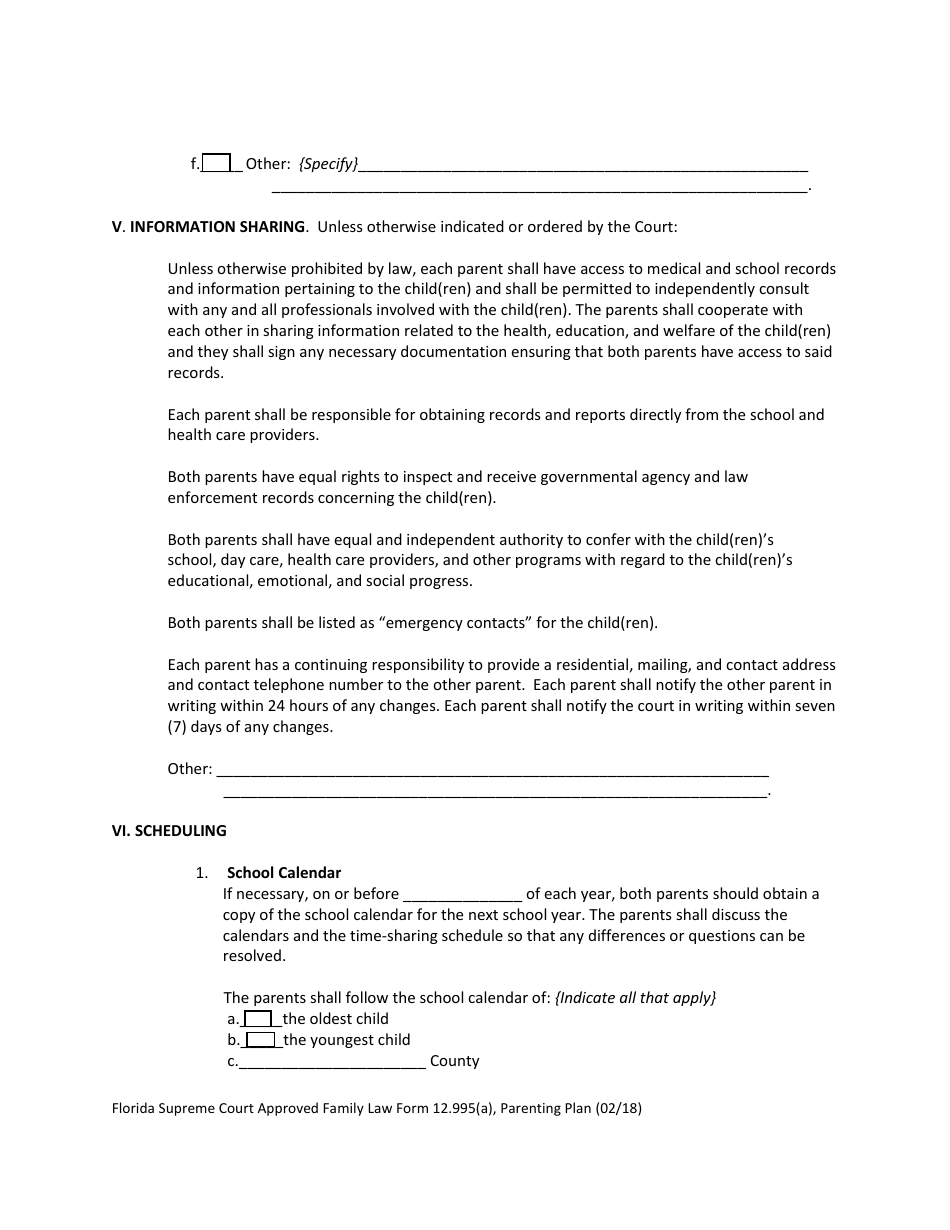 Form 12.995(A) Parenting Plan - Florida, Page 8