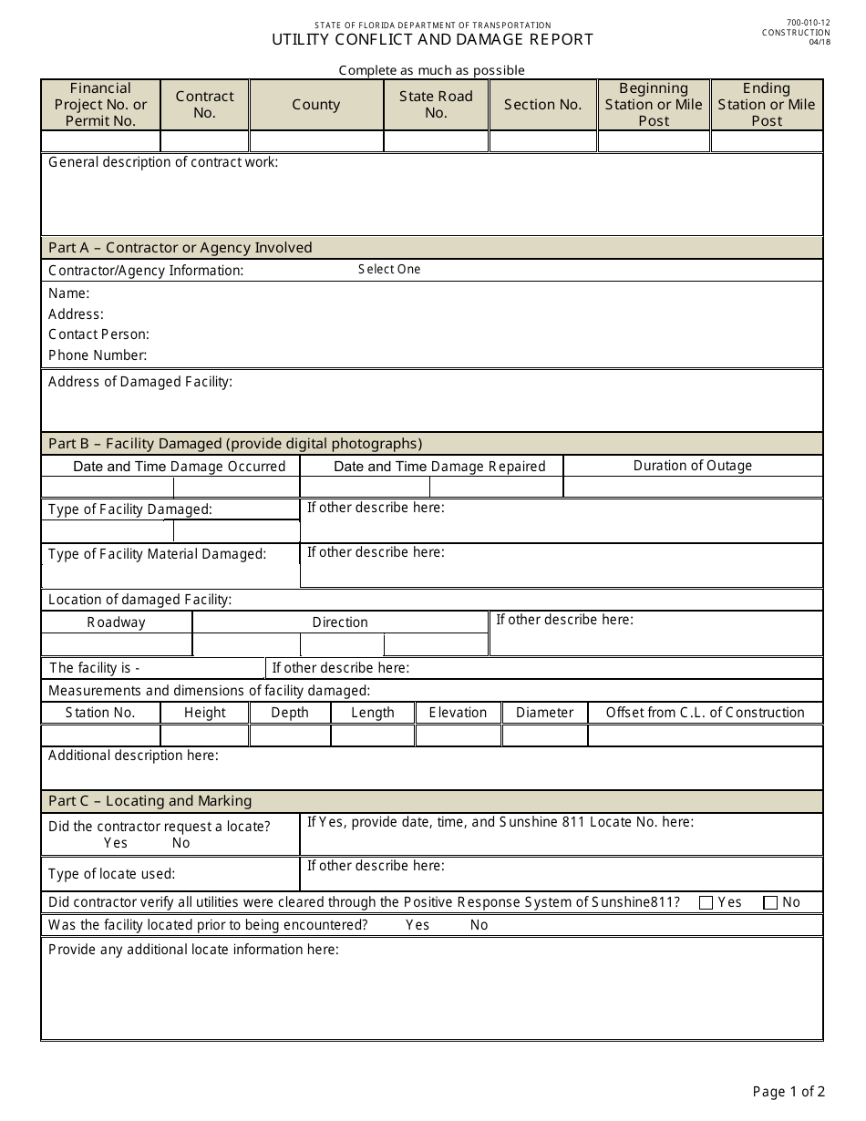 Form 700-010-12 Utility Conflict and Damage Report - Florida, Page 1