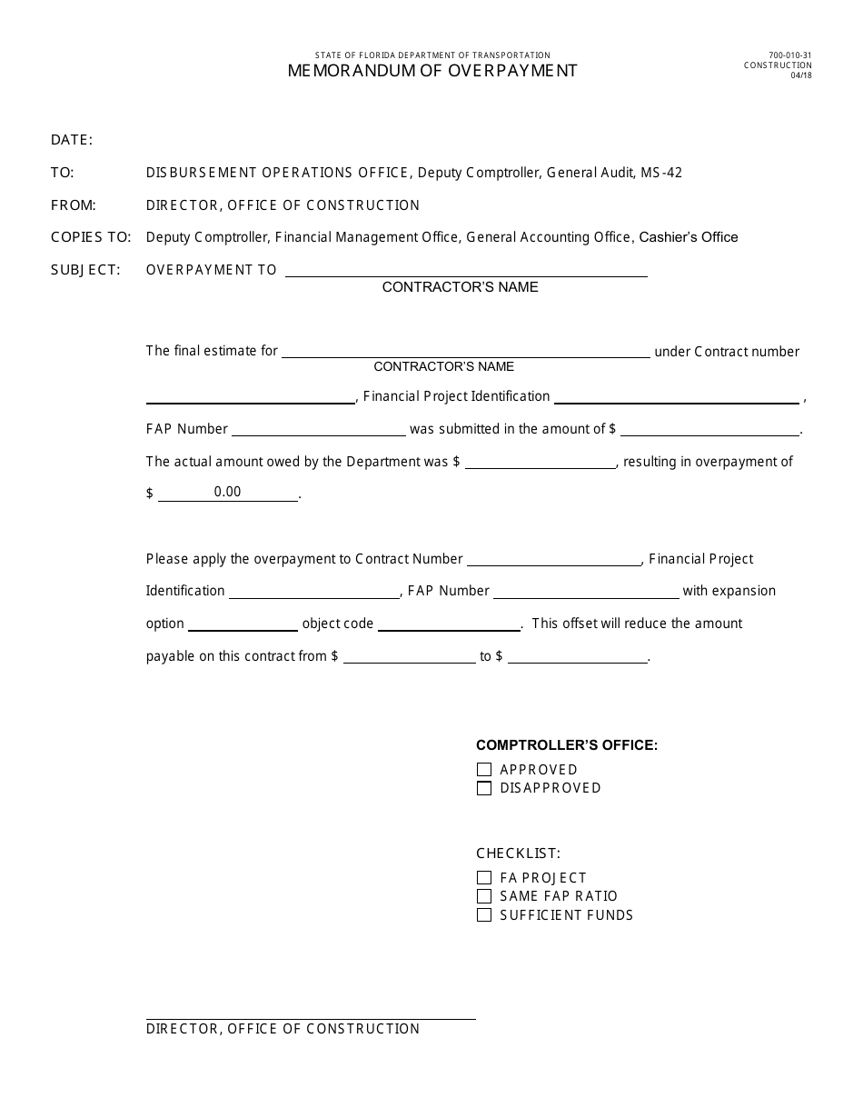 Form 700-010-31 Memorandum of Overpayment - Florida, Page 1