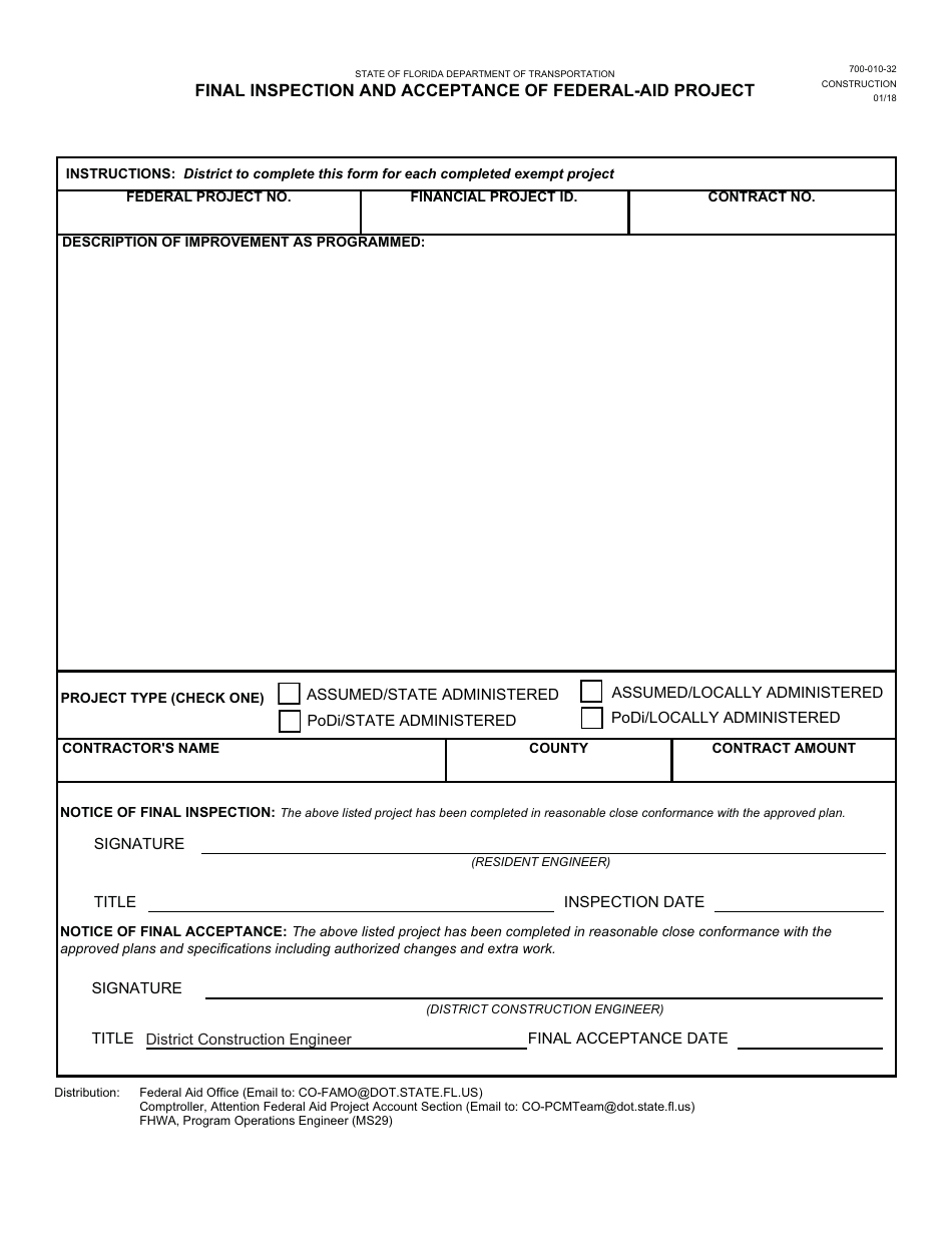 Form 700-010-32 Final Inspection and Acceptance of Federal-Aid Project - Florida, Page 1