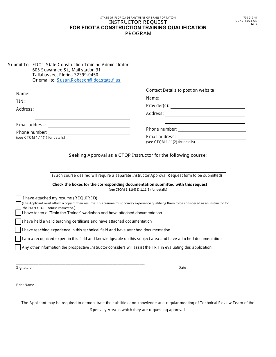 Form 700-010-41 Instructor Request for Fdots Construction Training Qualification Program - Florida, Page 1