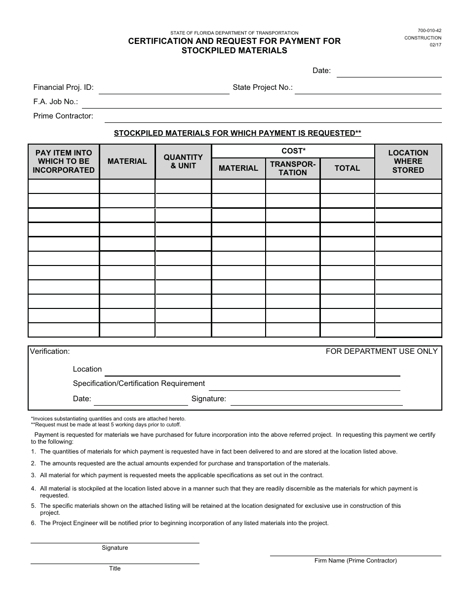 Form 700-010-42 Certification and Request for Payment for Stockpiled Materials - Florida, Page 1