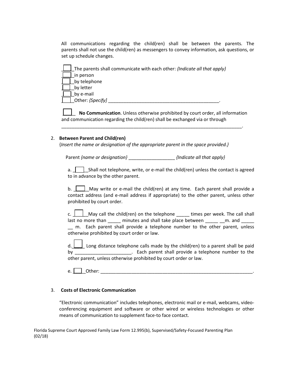 Form 12.995(B) Supervised / Safety-Focused Parenting Plan - Florida, Page 10