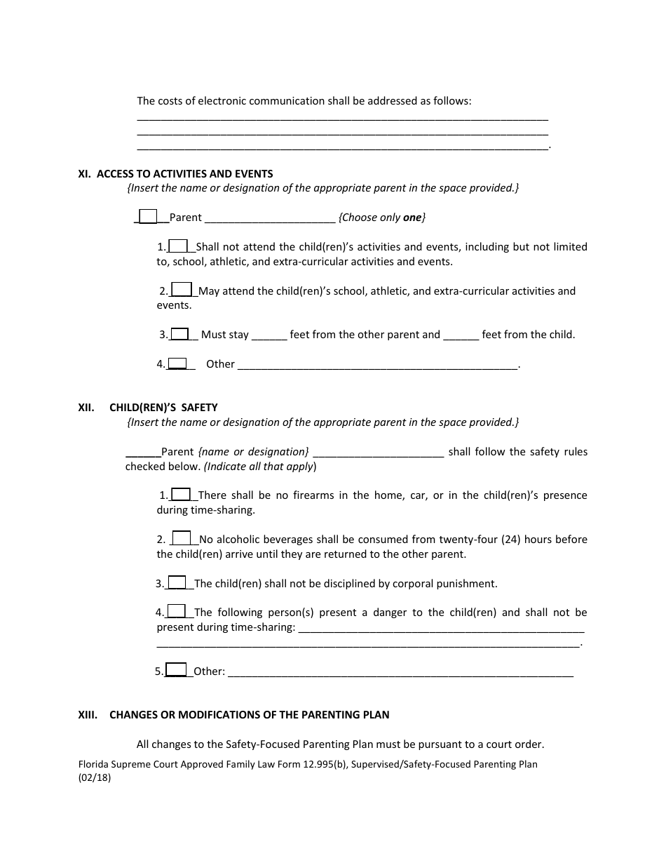 Form 12.995(B) Supervised / Safety-Focused Parenting Plan - Florida, Page 11