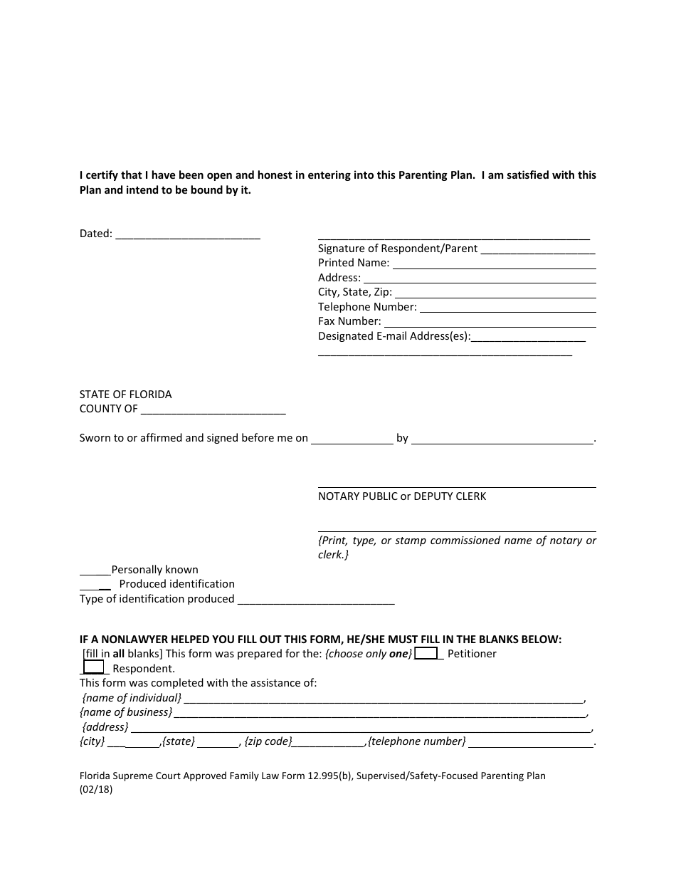 Form 12.995(B) Supervised / Safety-Focused Parenting Plan - Florida, Page 14