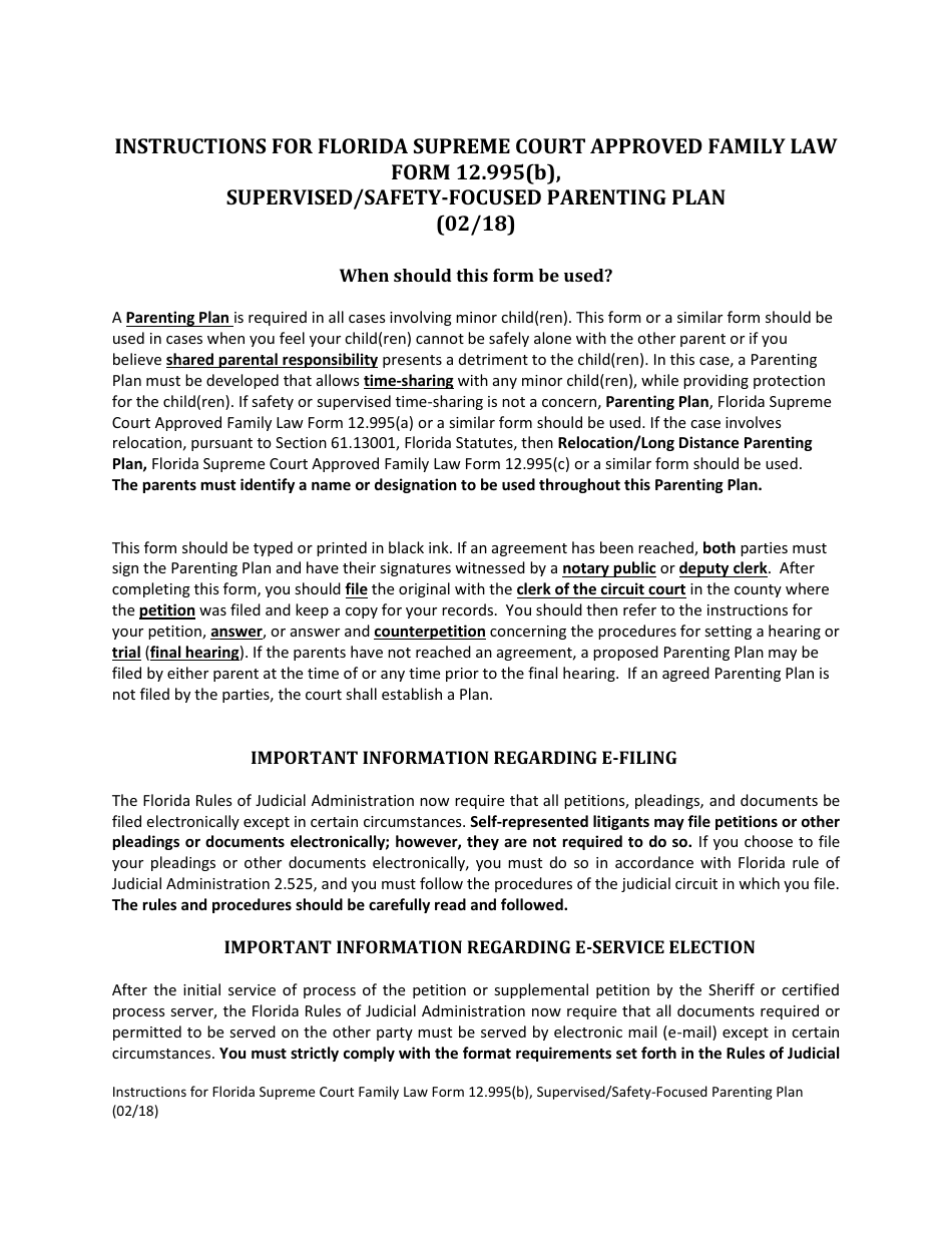 Form 12.995(B) Supervised / Safety-Focused Parenting Plan - Florida, Page 1