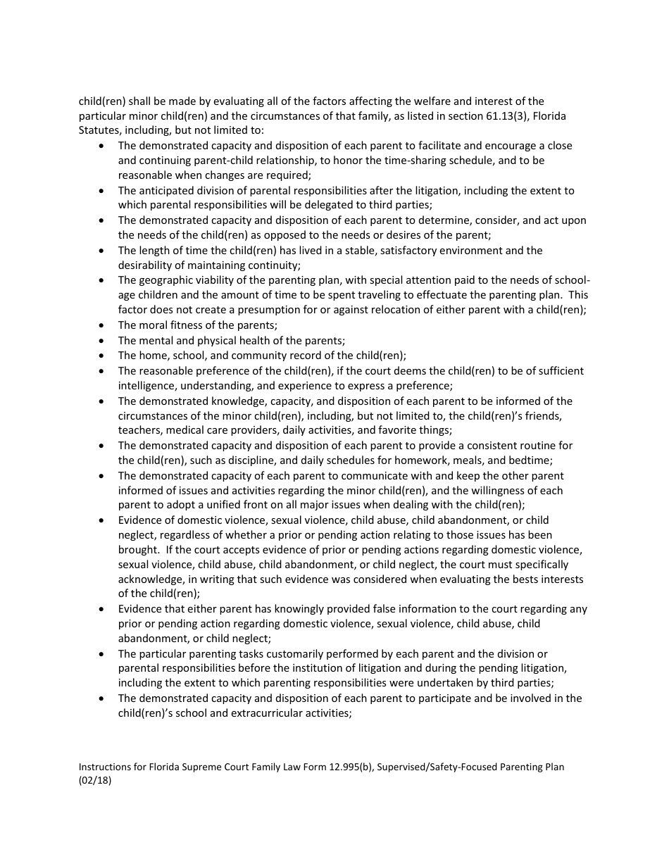 Form 12.995(B) Supervised / Safety-Focused Parenting Plan - Florida, Page 3