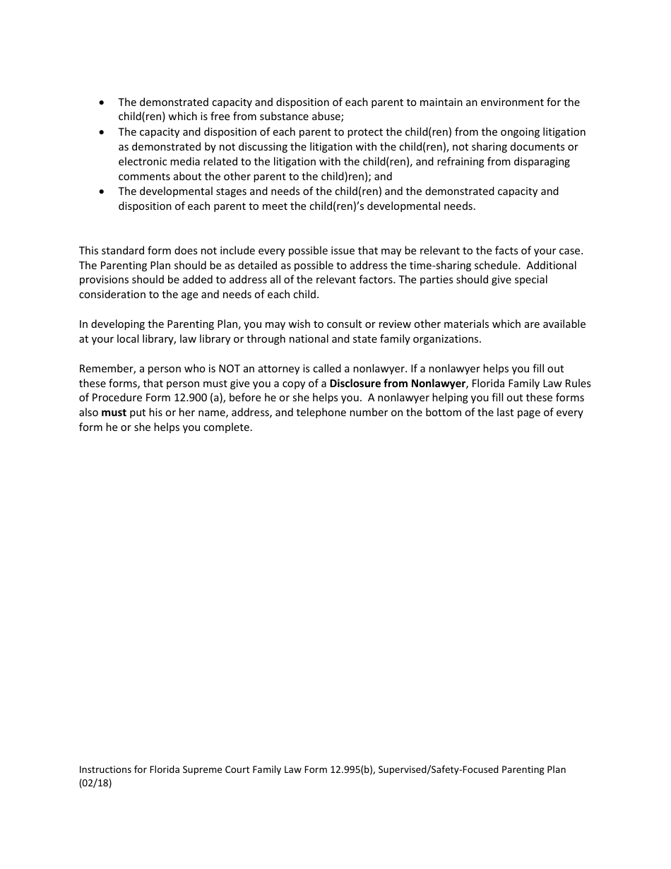 Form 12.995(B) Supervised / Safety-Focused Parenting Plan - Florida, Page 4