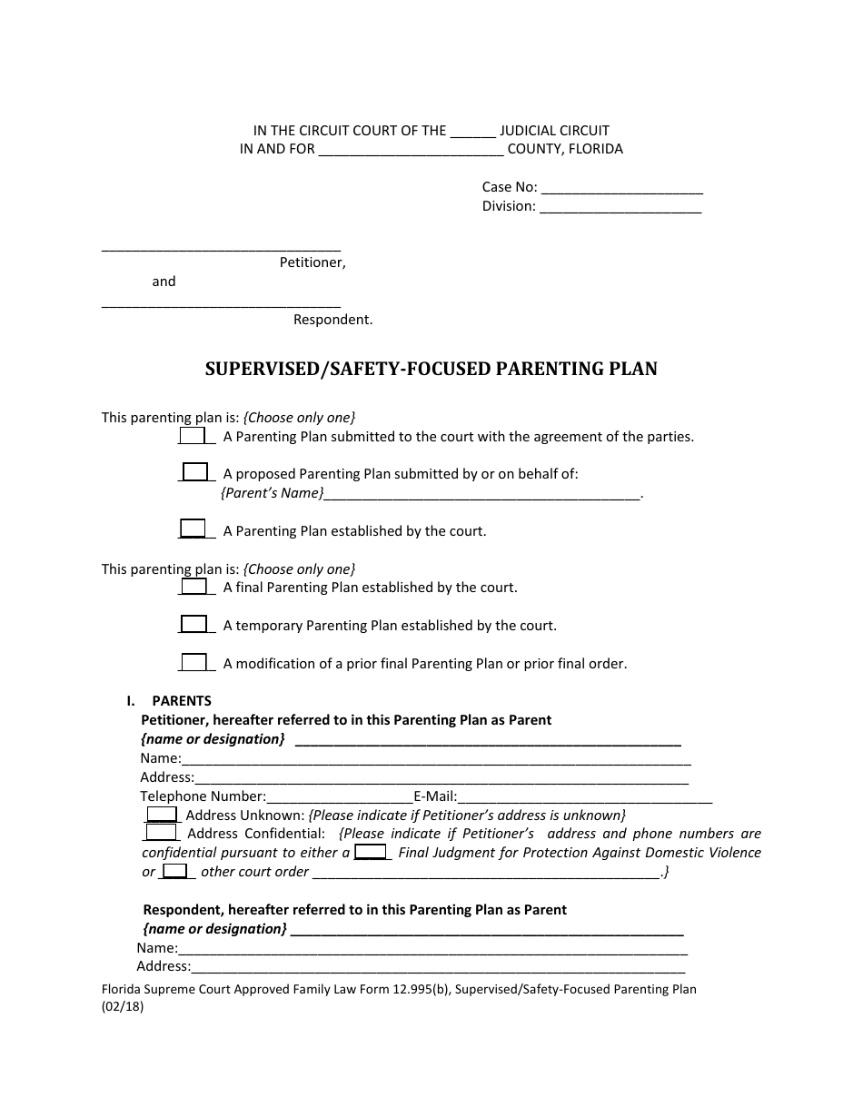 Form 12.995(B) Supervised / Safety-Focused Parenting Plan - Florida, Page 5
