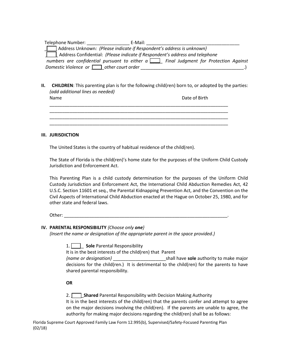 Form 12.995(B) Supervised / Safety-Focused Parenting Plan - Florida, Page 6