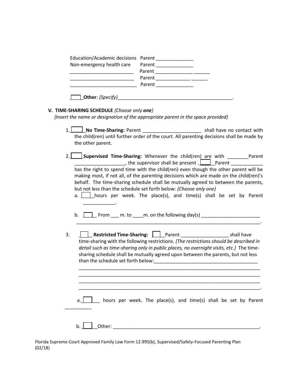 Form 12.995(B) Supervised / Safety-Focused Parenting Plan - Florida, Page 7