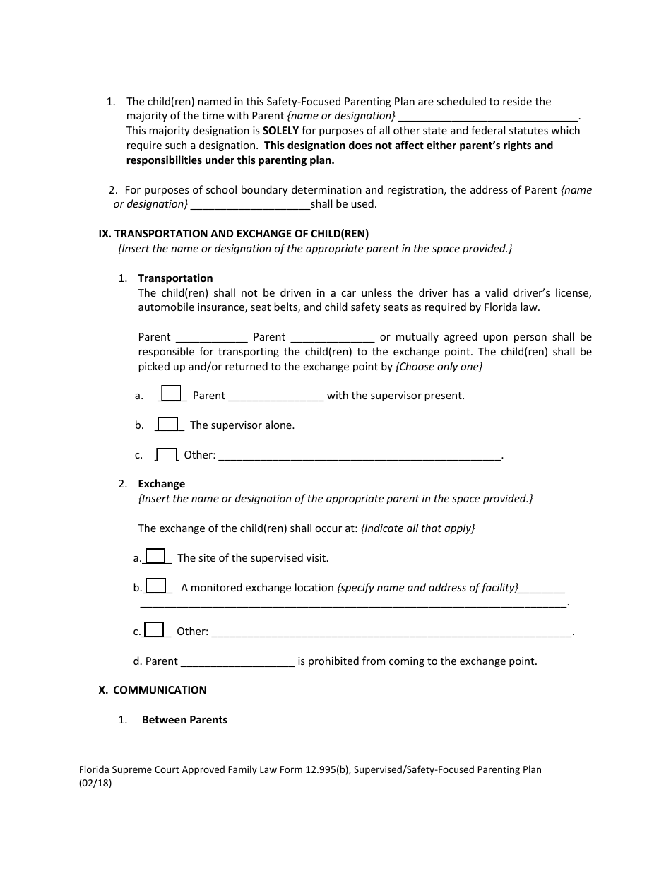Form 12.995(B) Supervised / Safety-Focused Parenting Plan - Florida, Page 9
