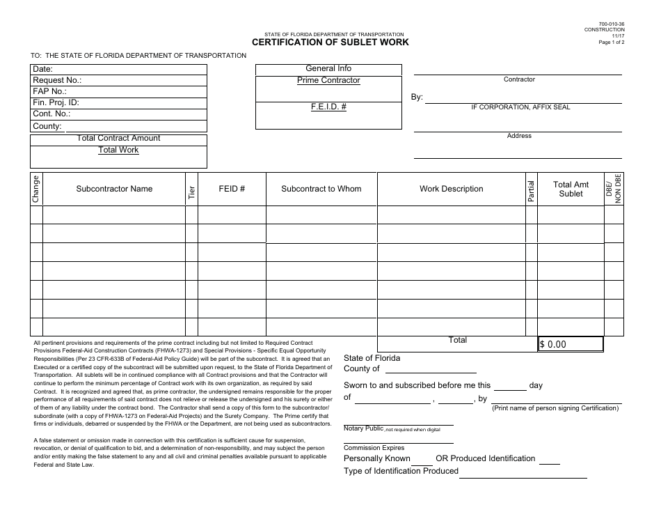 Form 700-010-36 Certification of Sublet Work - Florida, Page 1