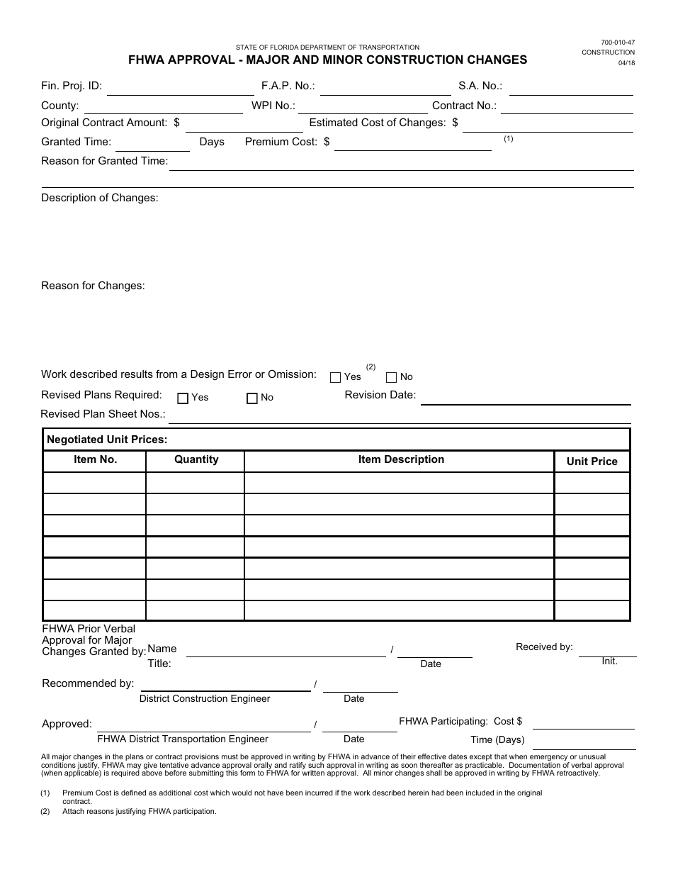Form 700-010-47 Fhwa Approval - Major and Minor Construction Changes - Florida, Page 1