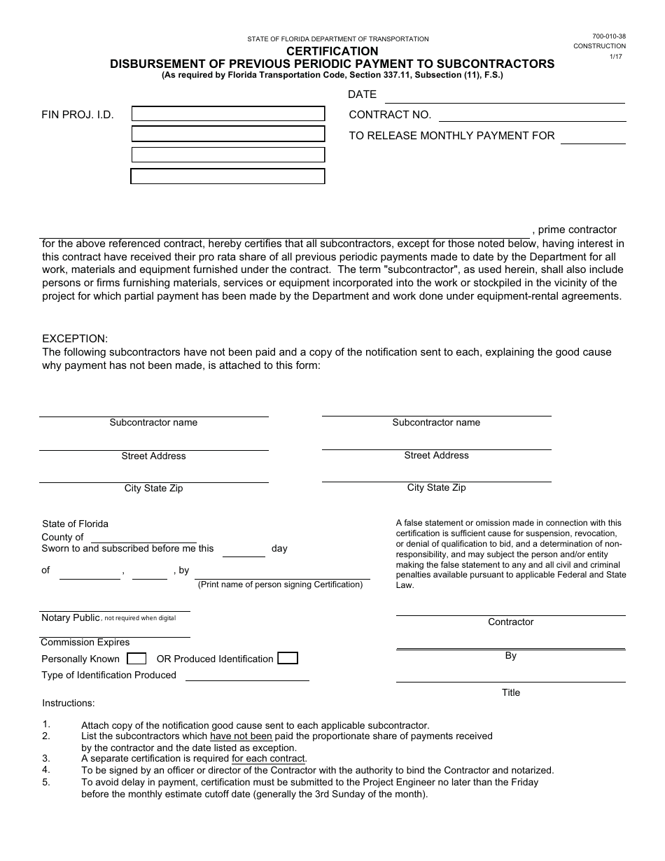 Form 700-010-38 Certification Disbursement of Previous Periodic Payment to Subcontractors - Florida, Page 1