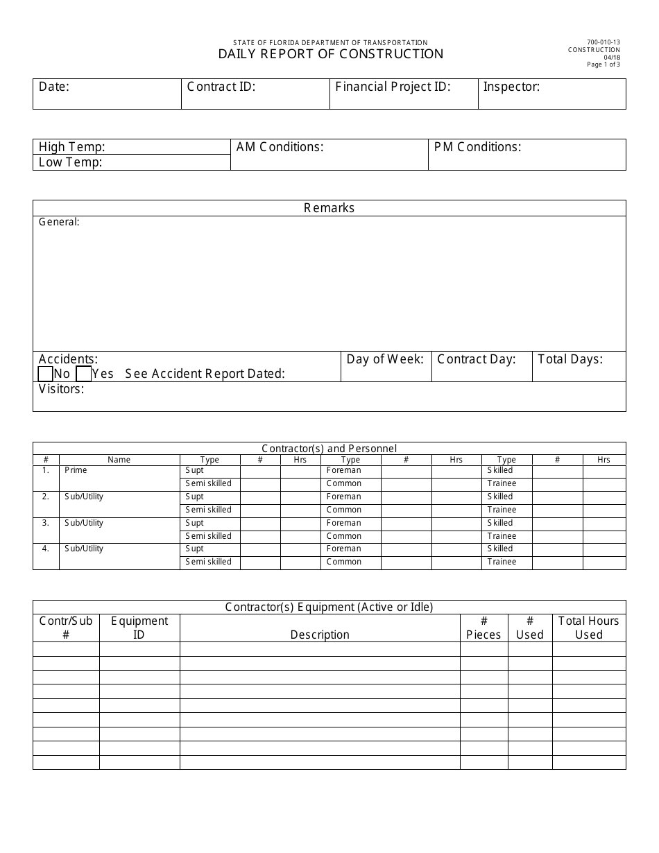 Form 700-010-13 Daily Report of Construction - Florida, Page 1