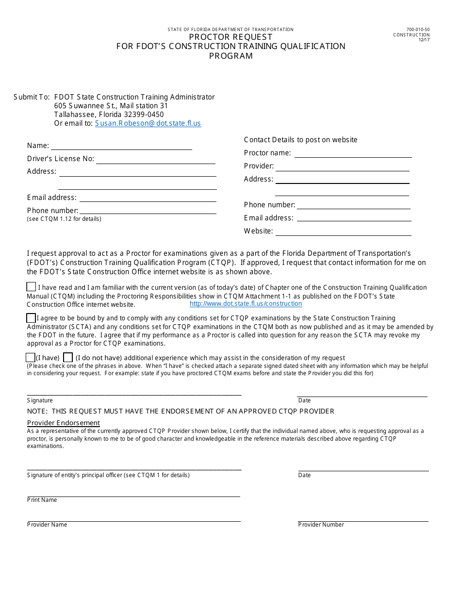 Form 700-010-50 Proctor Request for Fdots Construction Training Qualification Program - Florida, Page 1