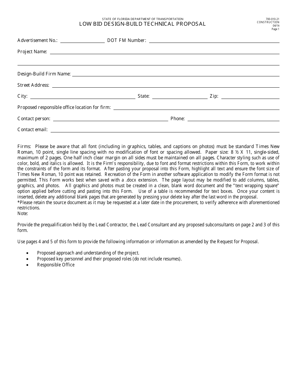 Form 700-010-21 Low Bid Design-Build Technical Proposal - Florida, Page 1
