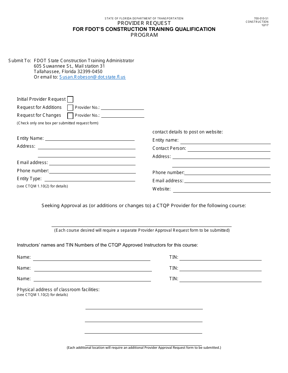Form 700-010-51 Provider Request for Fdot's Construction Training Qualification Program - Florida, Page 1