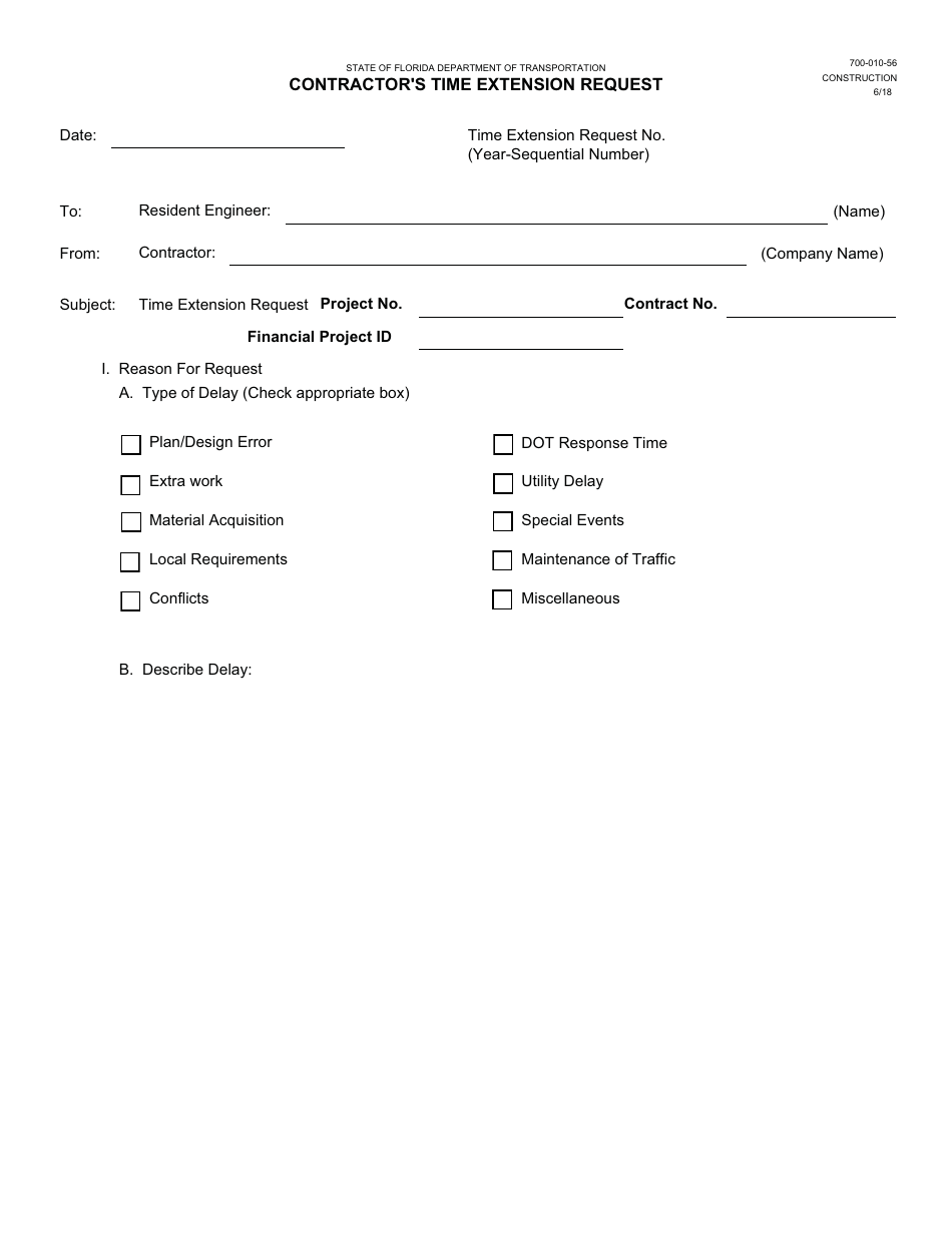 Form 700-010-56 Contractors Time Extension Request - Florida, Page 1