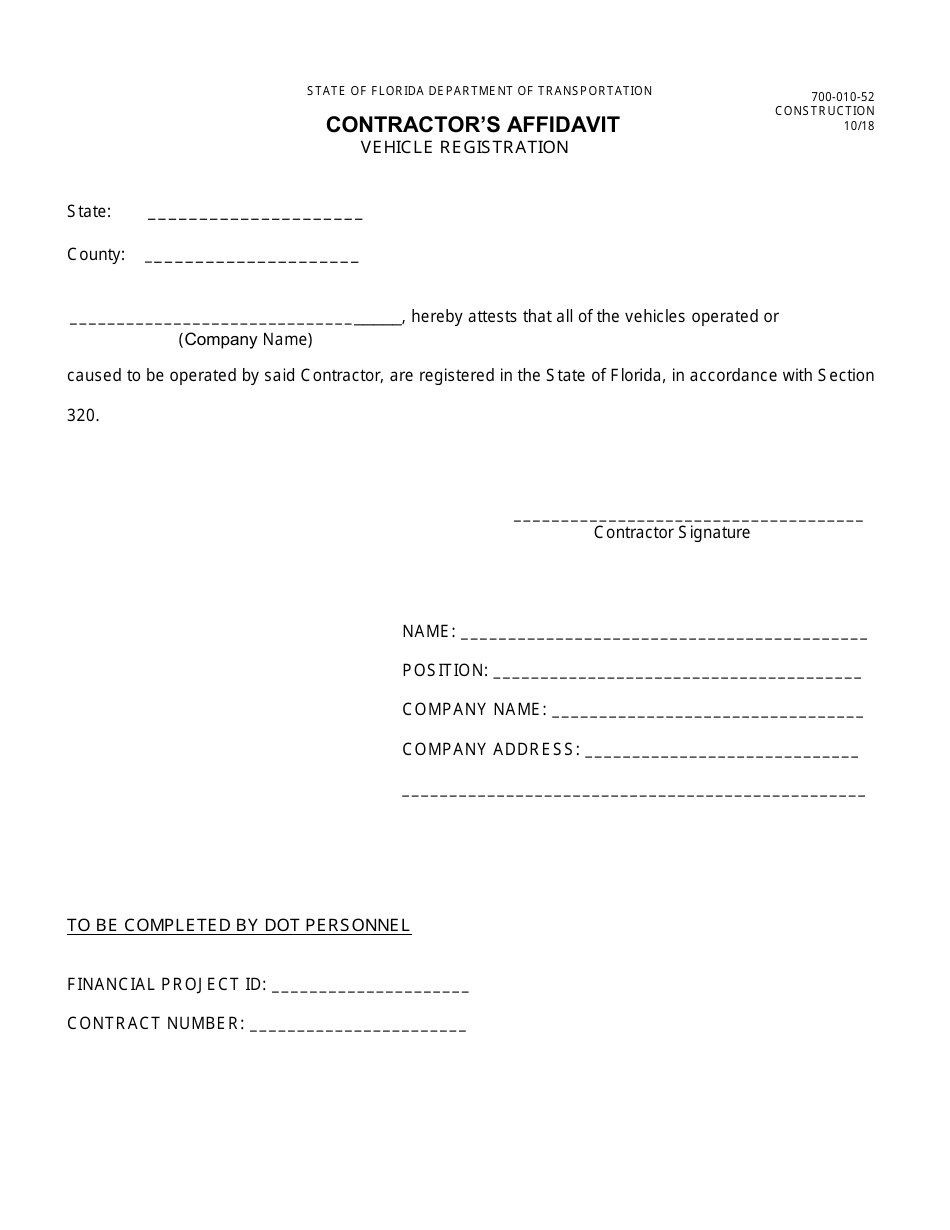 Form 700-010-52 Contractors Affidavit - Vehicle Registration - Florida, Page 1