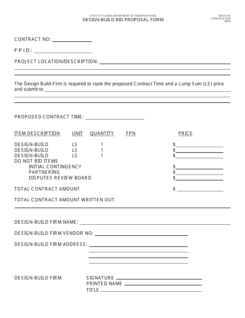 Form 700-010-65 Design-Build Bid Proposal Form - Florida, Page 1