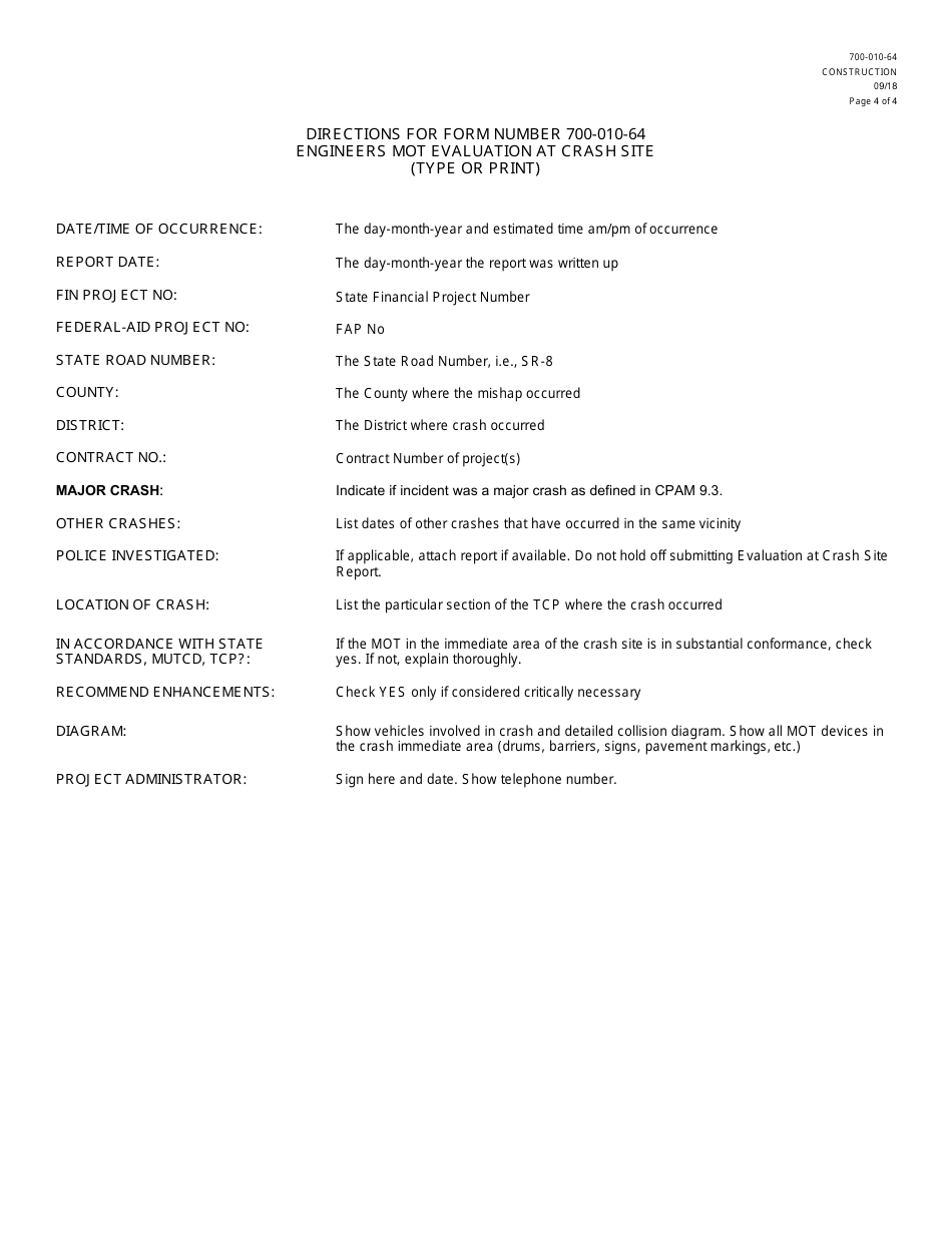 Form 700-010-64 Engineers Maintenance of Traffic (Mot) Evaluation at Crash Site - Florida, Page 4