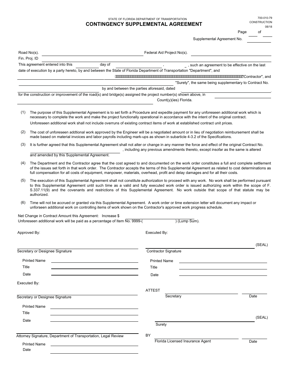 Form 700-010-79 Contingency Supplemental Agreement - Florida, Page 1