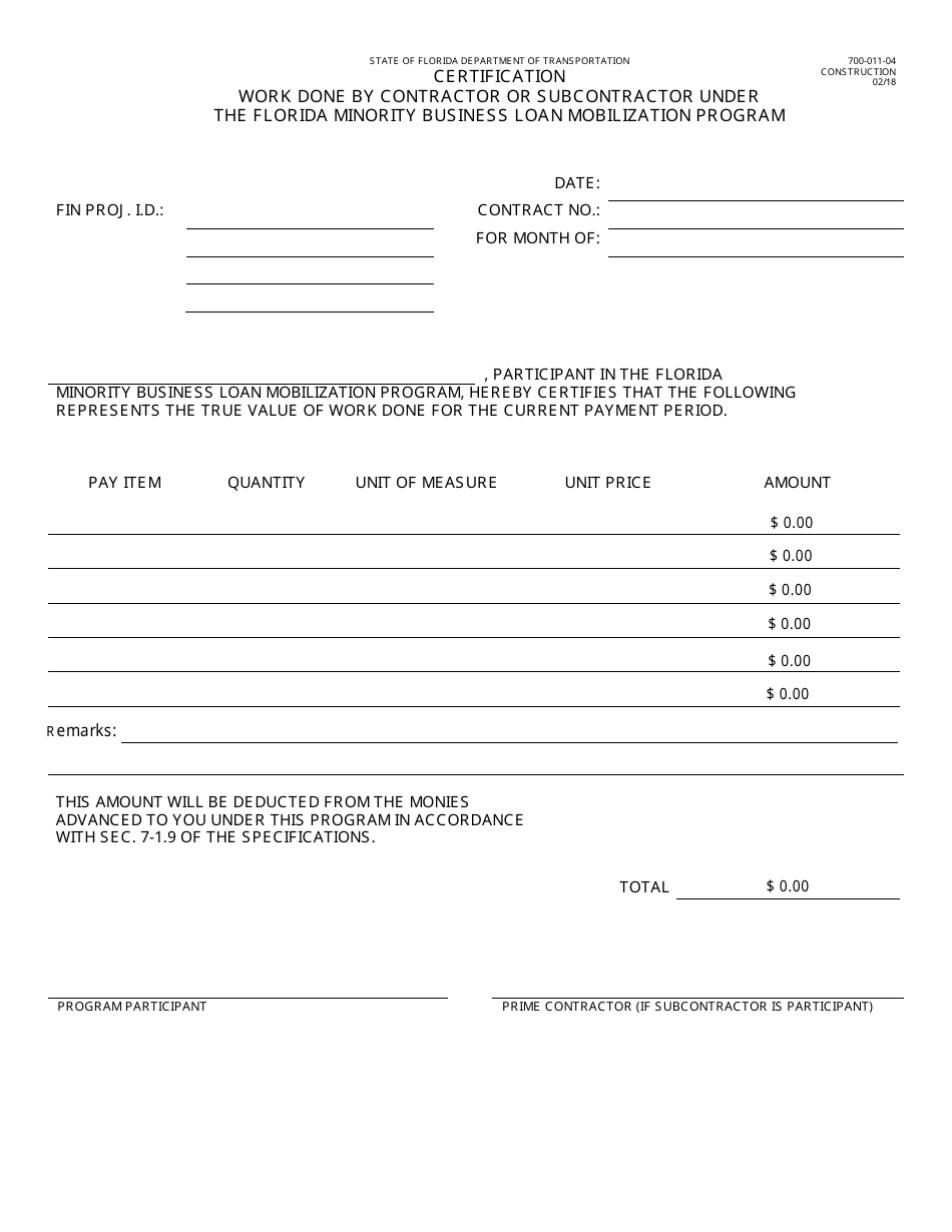 Form 700-011-04 Certification Work Done by Contractor or Subcontractor Under the Florida Minority Business Loan Mobilization Program - Florida, Page 1